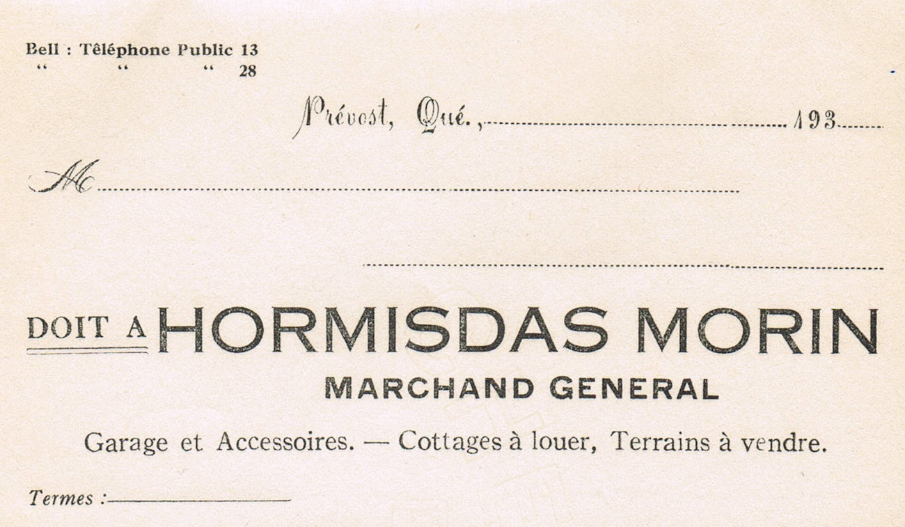 Facture du magasin général d'Hormisdas Morin dans les années 1930 - Collection Famille Morin