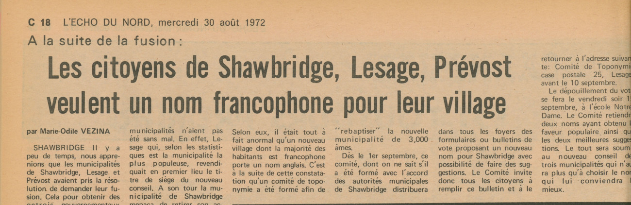 Article du journal L'Écho du Nord sur le choix du nom de la nouvelle municipalité - Histoire et Archives Laurentides, Fonds L'Écho du Nord, P031,S01,D028