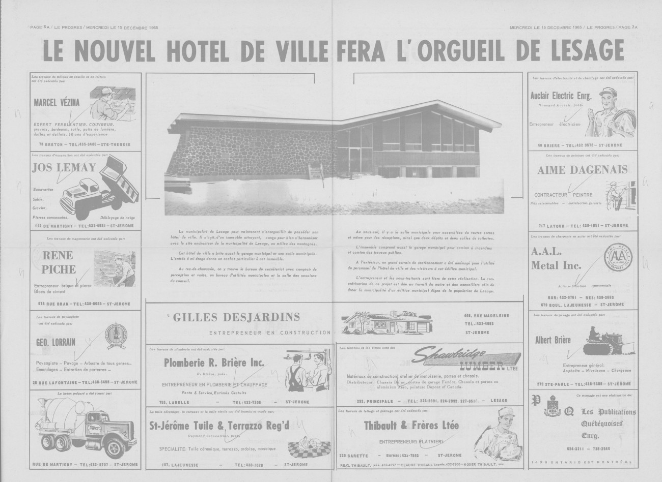 Annonce du nouvel hôtel de ville de Lesage dans le journal Le Progrès de 1966 - Collection Ville de Prévost