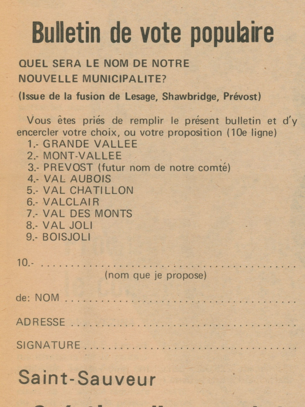 Bulletin de vote transmis aux citoyens sur le choix du nom de la future municipalité - Histoire et Archives Laurentides, Fonds L'Écho du Nord, P031,S01,D028