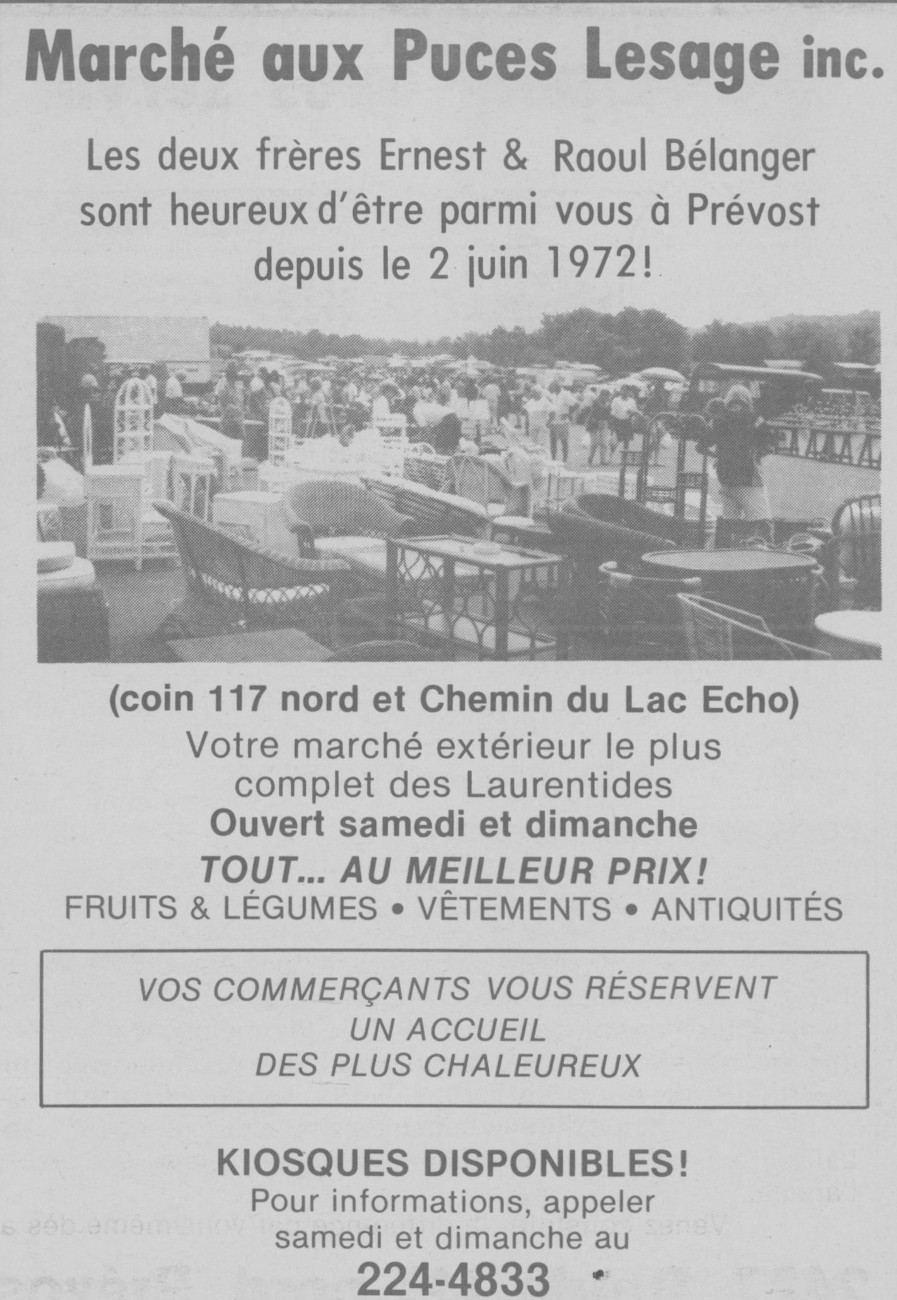 Annonce du marché aux Puces de Prévost en août 1994 (journal L'Annonceur)