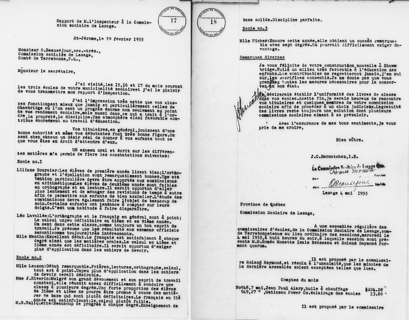 Rapport de l'inspecteur sur les écoles de la Commission scolaire de Lesage en 1955 - Histoire et Archives Laurentides, Collection Commission scolaire de Saint-Jérôme, P044,D12