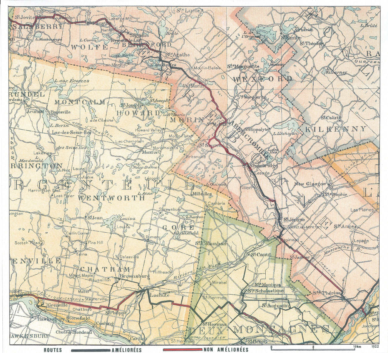 Carte datant de 1922 illustrant le tracée de la route 11 dont seulement un peu moins de la moitié avant une chaussée dite 'améliorée' - Collection Guy Thibault