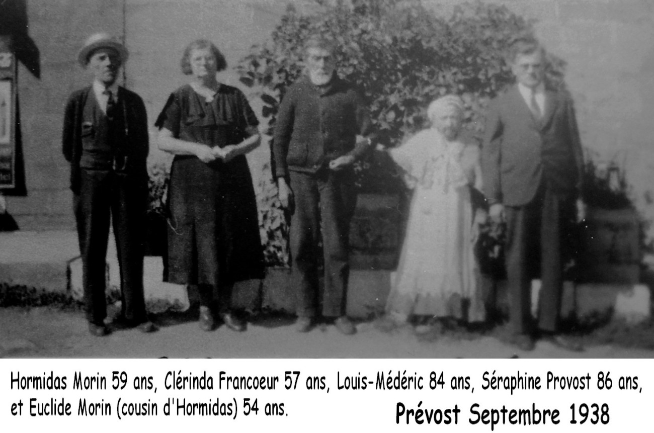 Hormidas Morin, Clérinda Francoeur, Louis-Médéric Morin, Séraphine Provost et Euclide Morin en 1938 - Collection Yvan Chapleau.