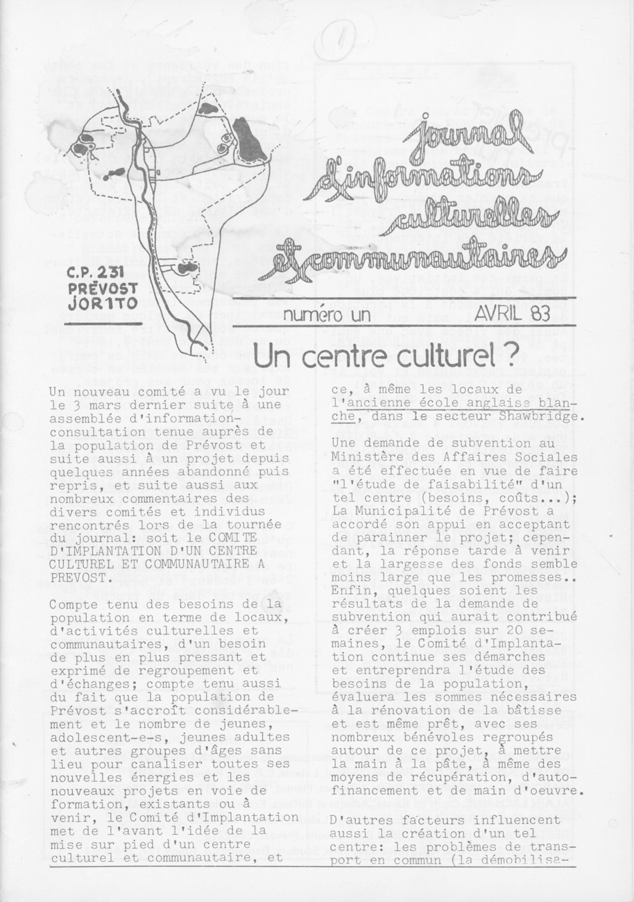 Premier numéro du Journal d'informations culturelles et communautaires de Prévost en avril 1983 - Histoire et Archives Laurentides, Fonds Gleason Théberge, P083,S03,D01