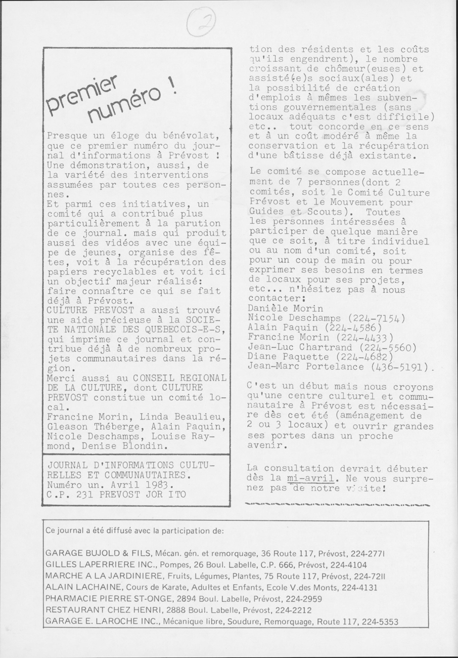 Premier numéro du Journal d'informations culturelles et communautaires de Prévost en avril 1983 - Histoire et Archives Laurentides, Fonds Gleason Théberge, P083,S03,D01