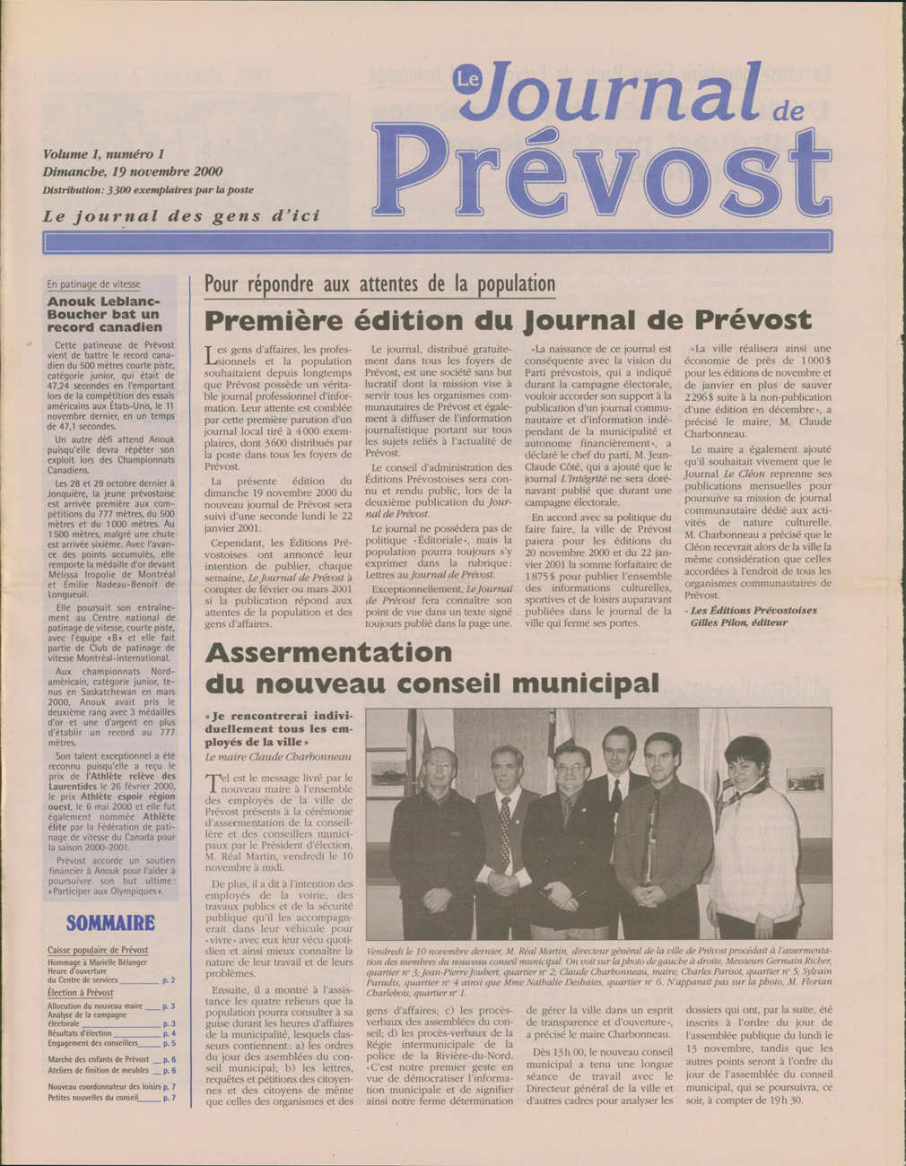 Premier numéro du Journal de Prévost en novembre 2000